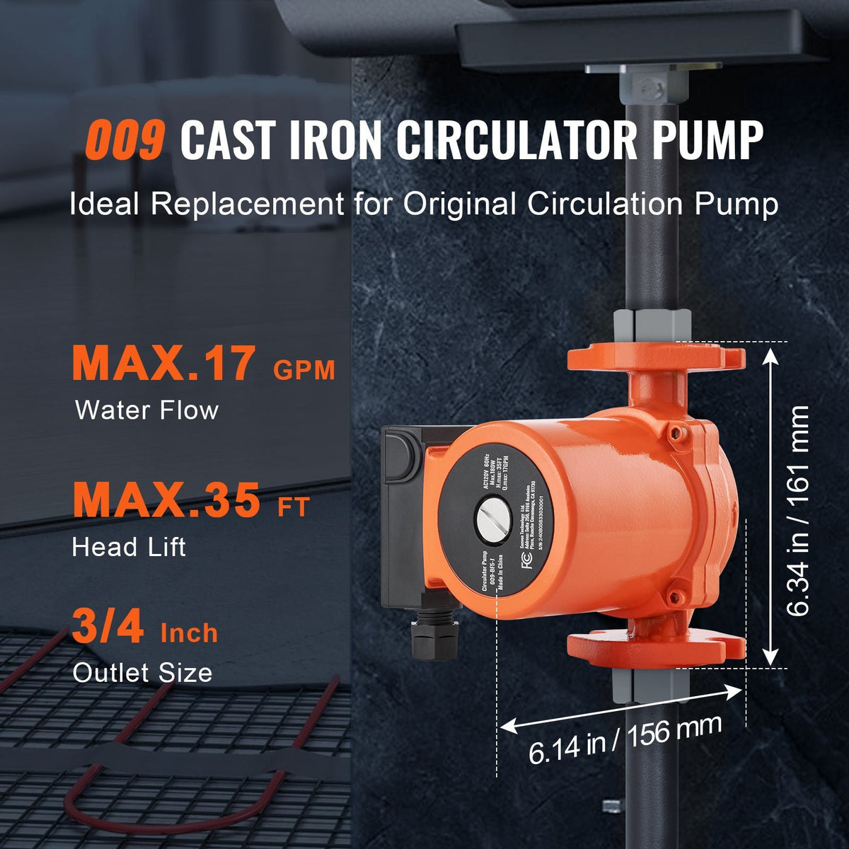 009-BF5-J Hot Water Recirculating Pump, 110V, 180W 10 GPM Hot Water Circulation Pump, 3/4" NPT Flange 3-Speed Circulator Pump, Quiet Operation Circulator Pump for Home Water Heater System