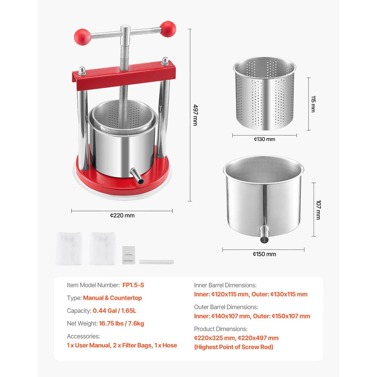 0.44 Gal/1.65L Fruit Wine Press, 2 Stainless Steel Barrels, Manual Juice Maker, Cider Apple Grape Tincture Honey Olive Oil Making Press with T-Handle for Outdoor Kitchen Home