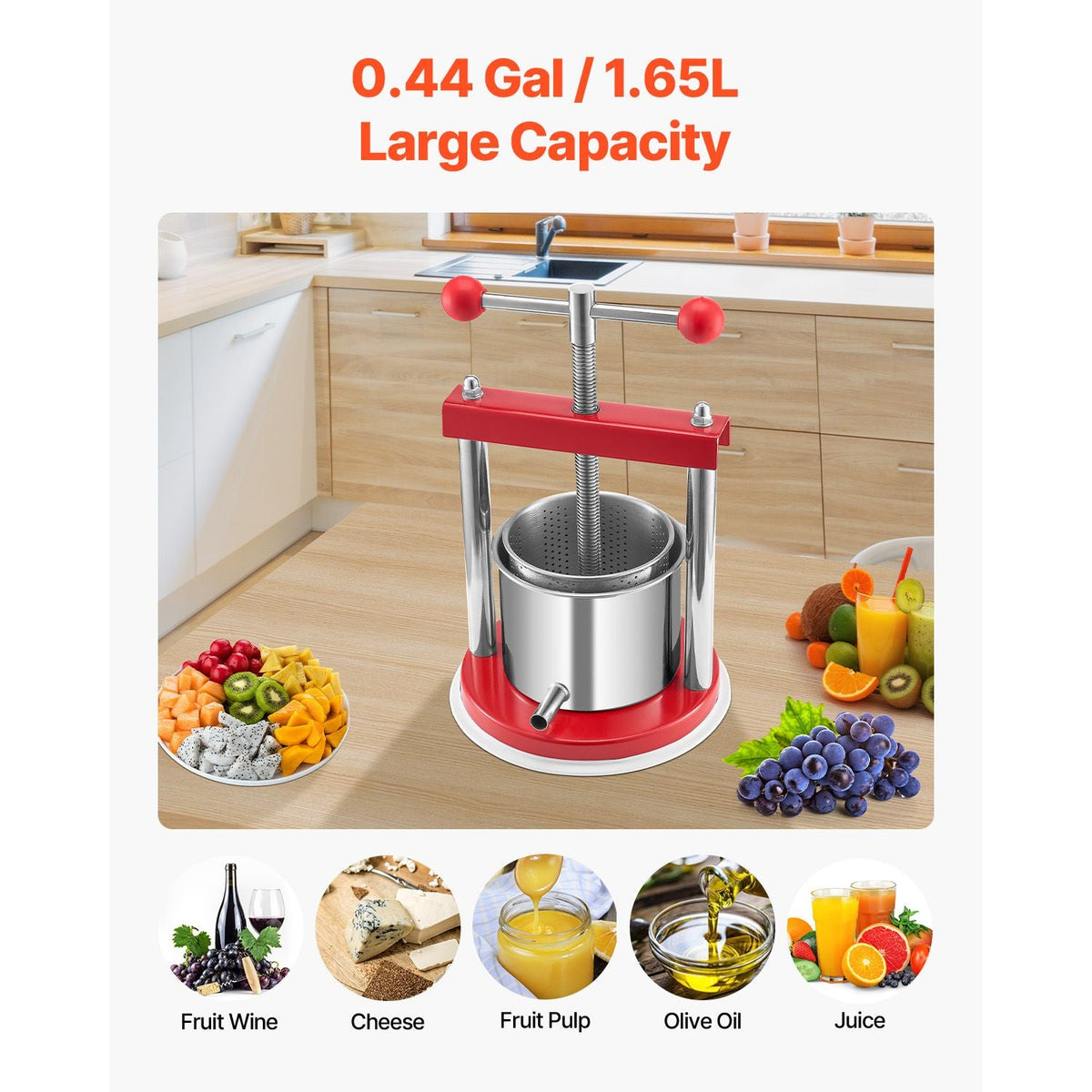 0.44 Gal/1.65L Fruit Wine Press, 2 Stainless Steel Barrels, Manual Juice Maker, Cider Apple Grape Tincture Honey Olive Oil Making Press with T-Handle for Outdoor Kitchen Home