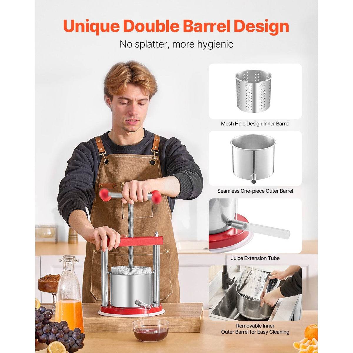 0.44 Gal/1.65L Fruit Wine Press, 2 Stainless Steel Barrels, Manual Juice Maker, Cider Apple Grape Tincture Honey Olive Oil Making Press with T-Handle for Outdoor Kitchen Home
