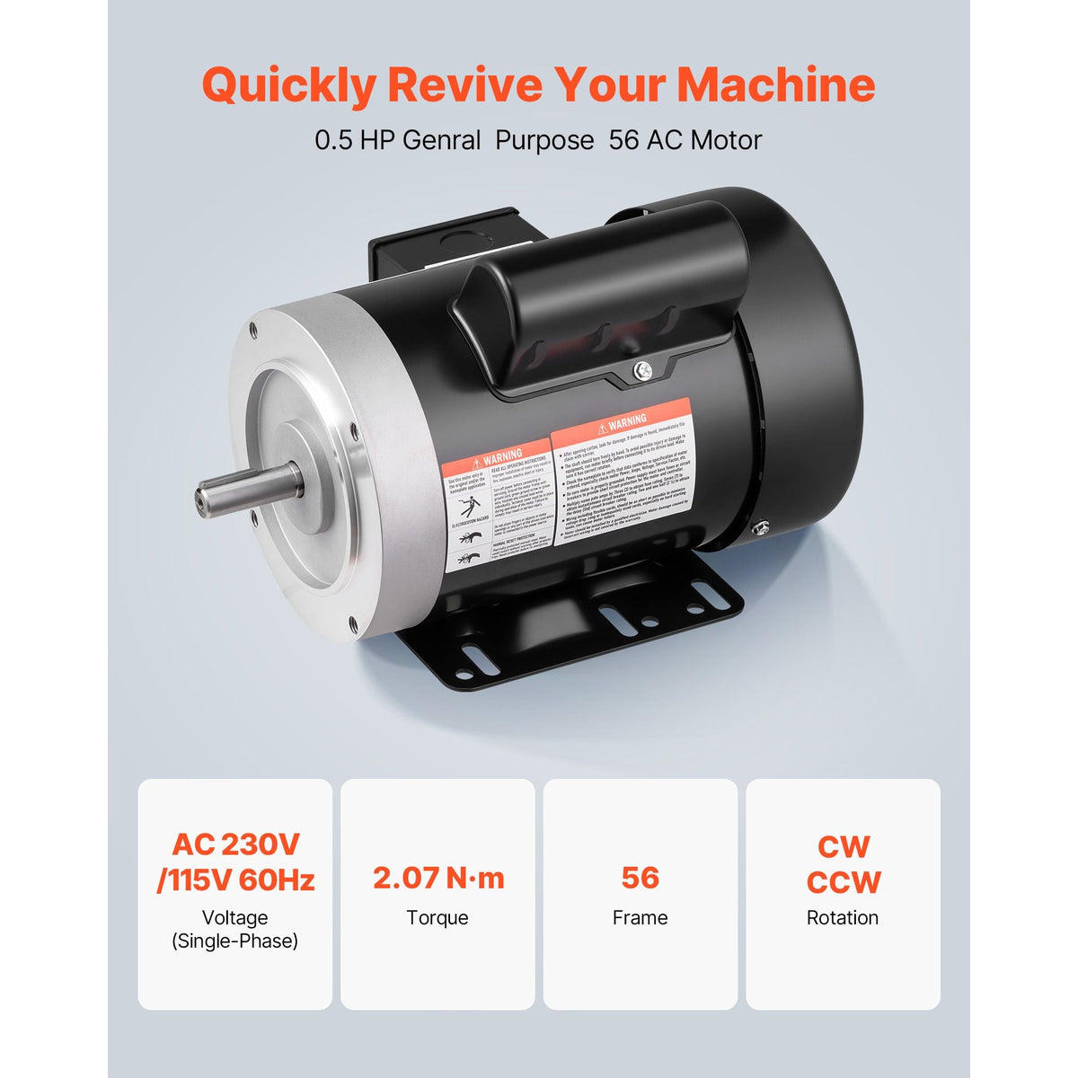 0.5 HP Electric Motor, 1725RPM Air Compressor Motor, CW/CCW Rotation, 5/8 inch Shaft Diameter, 1.88inch Shaft Length, 2.07N.m Torque, Single-Phase, TEFC Cooling, 115V/230V, 56 Frame