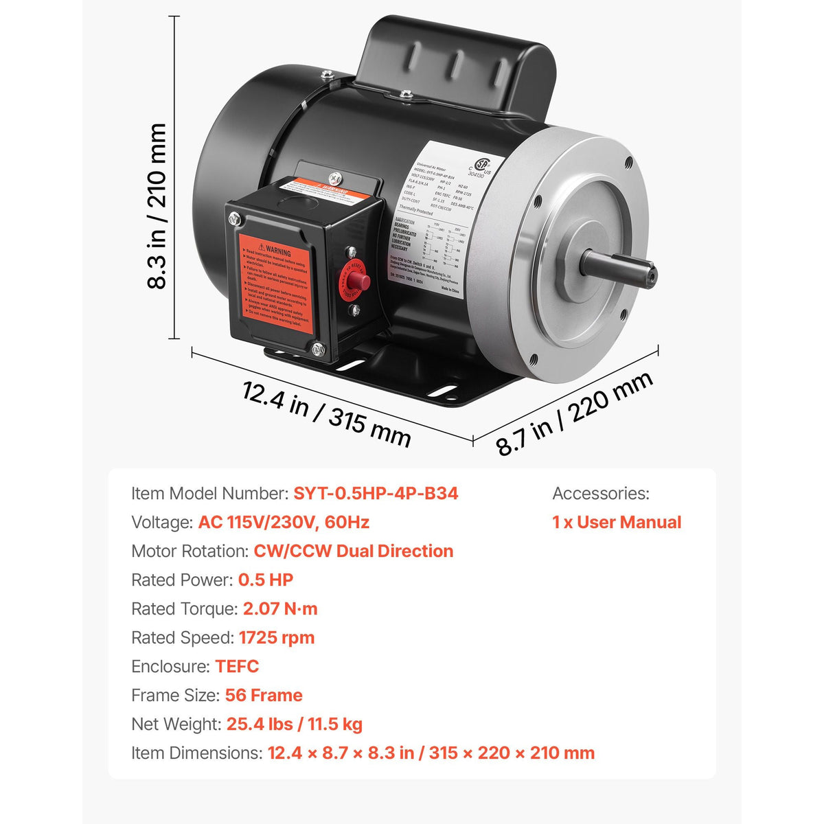 0.5 HP Electric Motor, 1725RPM Air Compressor Motor, CW/CCW Rotation, 5/8 inch Shaft Diameter, 1.88inch Shaft Length, 2.07N.m Torque, Single-Phase, TEFC Cooling, 115V/230V, 56 Frame