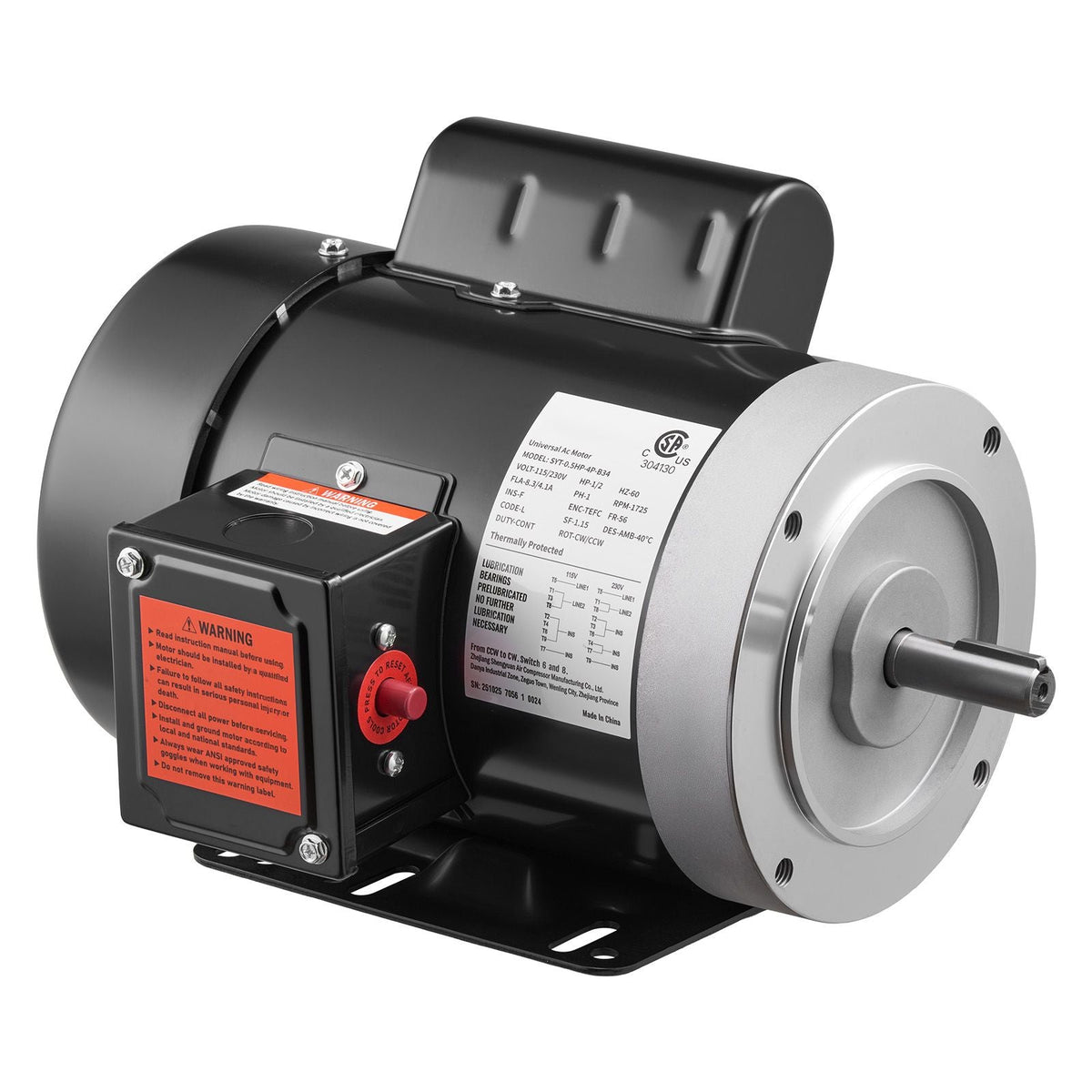0.5 HP Electric Motor, 1725RPM Air Compressor Motor, CW/CCW Rotation, 5/8 inch Shaft Diameter, 1.88inch Shaft Length, 2.07N.m Torque, Single-Phase, TEFC Cooling, 115V/230V, 56 Frame