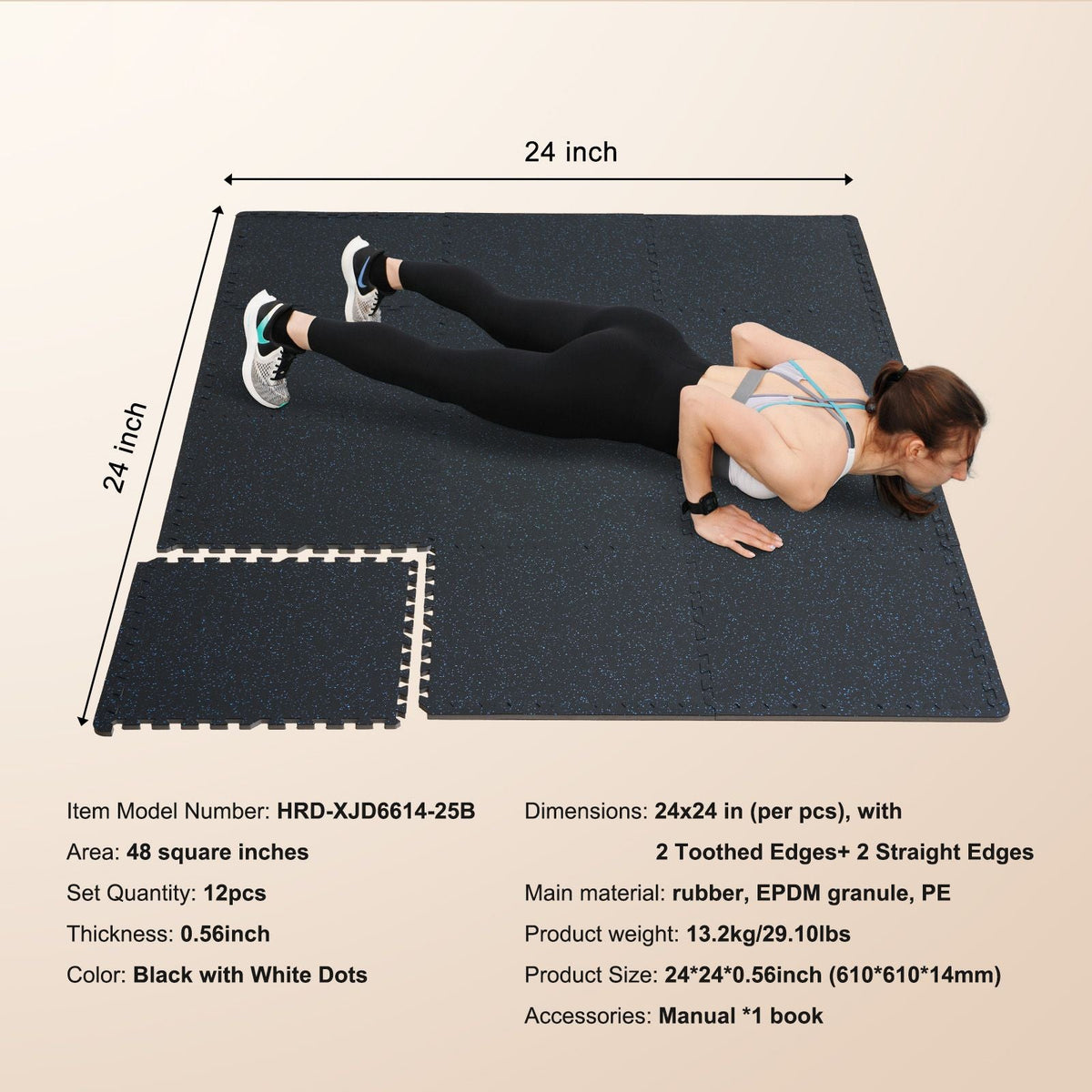 0.56 Inch Thick Gym Floor Mats, 12 Tiles Rubber Top with EVA Foam, 25" x 25" Gym Flooring Workout Mats with 48 sq.ft Coverage, Interlocking Puzzle Gym Mats for Gym, Home, Garage, Black & Blue