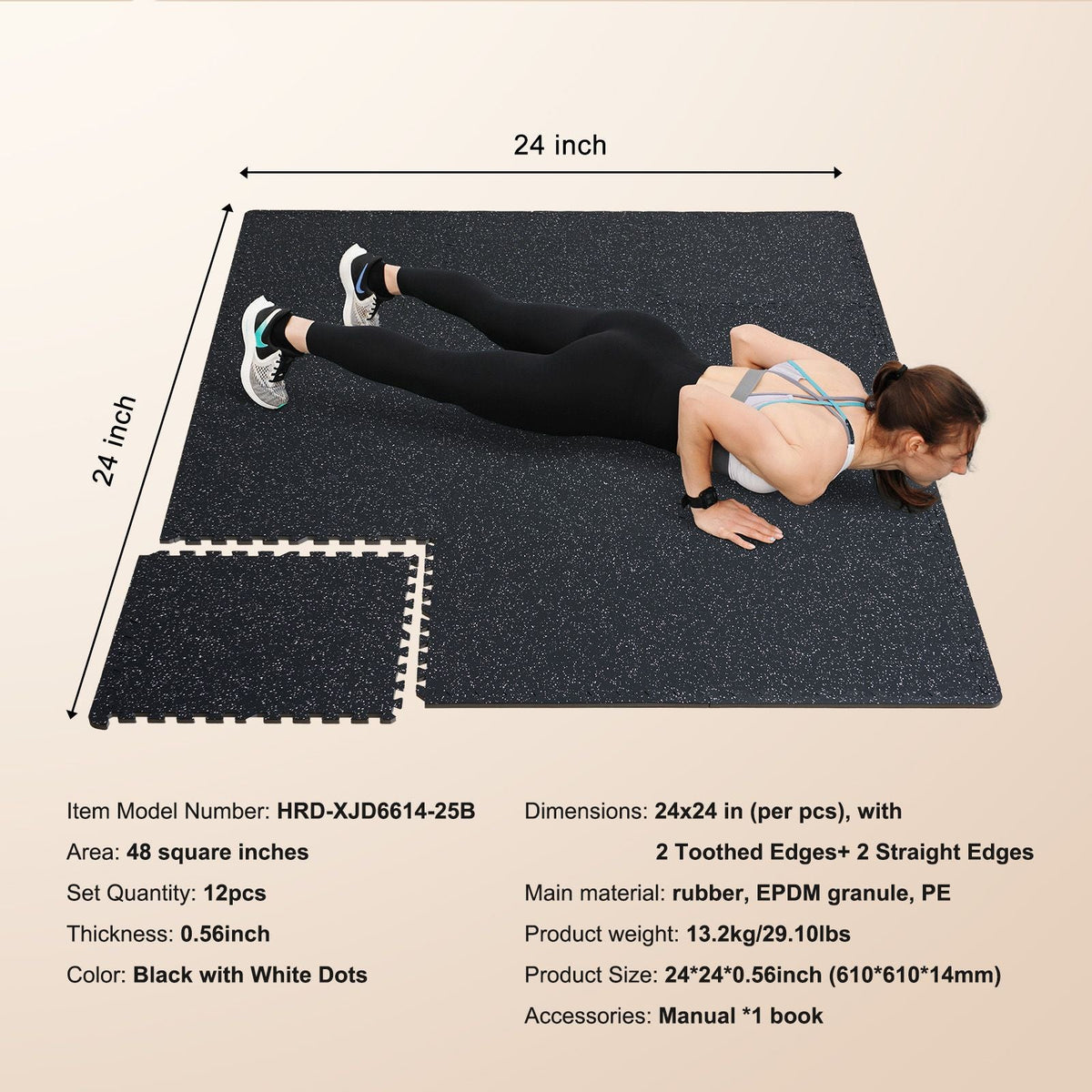 0.56 Inch Thick Gym Floor Mats, 12 Tiles Rubber Top with EVA Foam, 25" x 25" Gym Flooring Workout Mats with 48 sq.ft Coverage, Interlocking Puzzle Gym Mats for Gym, Home, Garage, Black & White