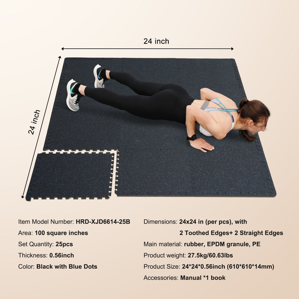 0.56 Inch Thick Gym Floor Mats, 25 Tiles Rubber Top with EVA Foam, 25" x 25" Gym Flooring Workout Mats with 100sq.ft Coverage, Interlocking Puzzle Gym Mats for Gym, Home, Garage, Black & Blue