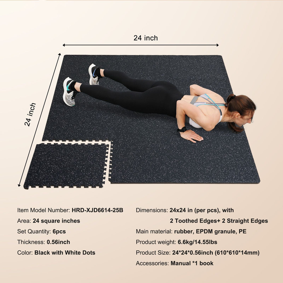 0.56 Inch Thick Gym Floor Mats, 6 Tiles Rubber Top with EVA Foam, 25" x 25" Gym Flooring Workout Mats with 25 sq.ft Coverage, Interlocking Puzzle Gym Mats for Gym, Home, Garage, Black & White