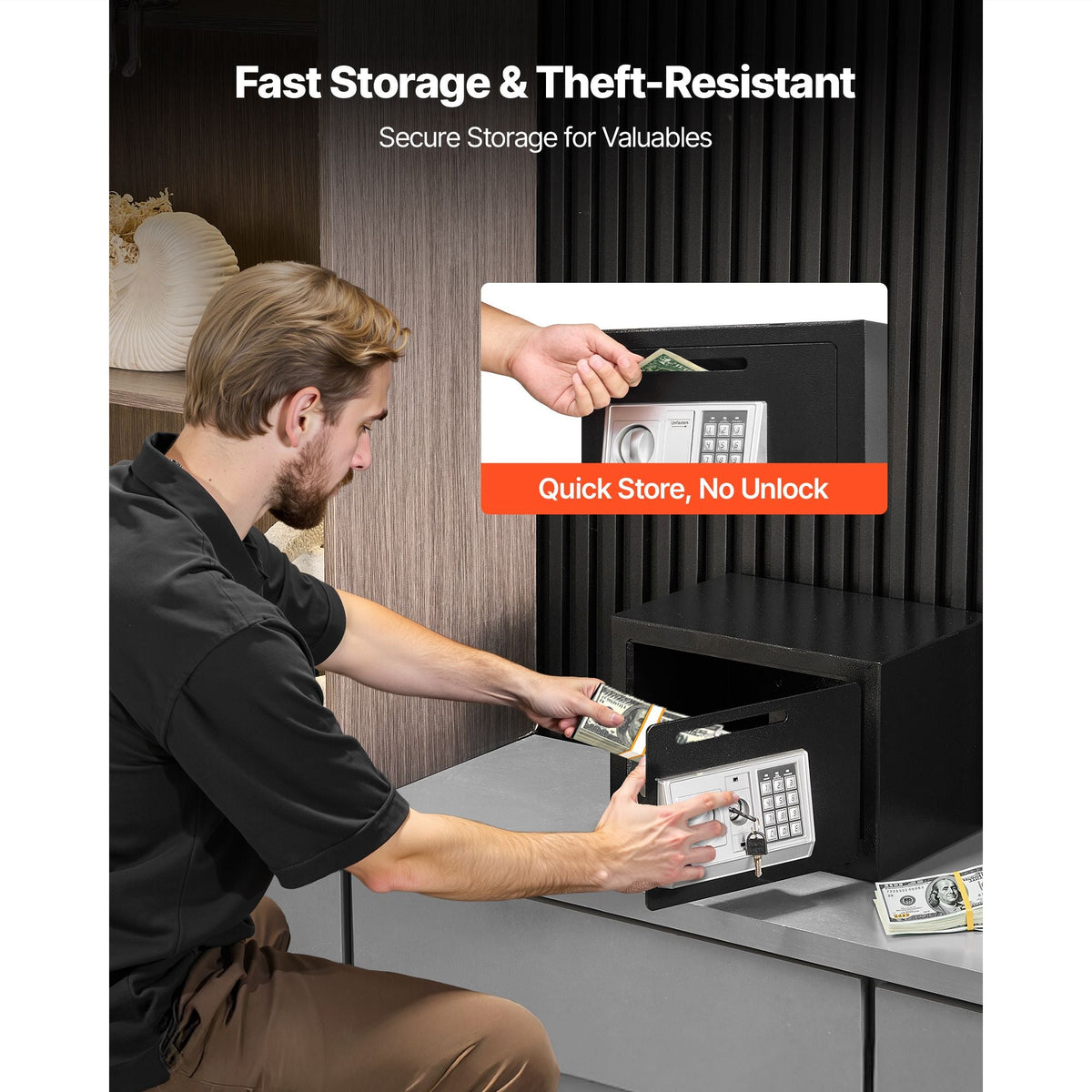 0.6 Cubic Feet Drop Safe, Drop Slot Safe Box with Password and Turn Knob, Heavy Duty Compact Cash Depository Box with a Front Lock Slot for Cash, Bank Slips, Jewelry, Documents, Bills, Black