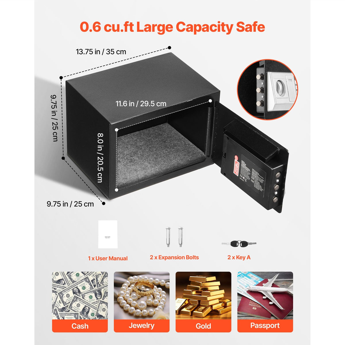 0.6 Cubic Feet Drop Safe, Drop Slot Safe Box with Password and Turn Knob, Heavy Duty Compact Cash Depository Box with a Front Lock Slot for Cash, Bank Slips, Jewelry, Documents, Bills, Black