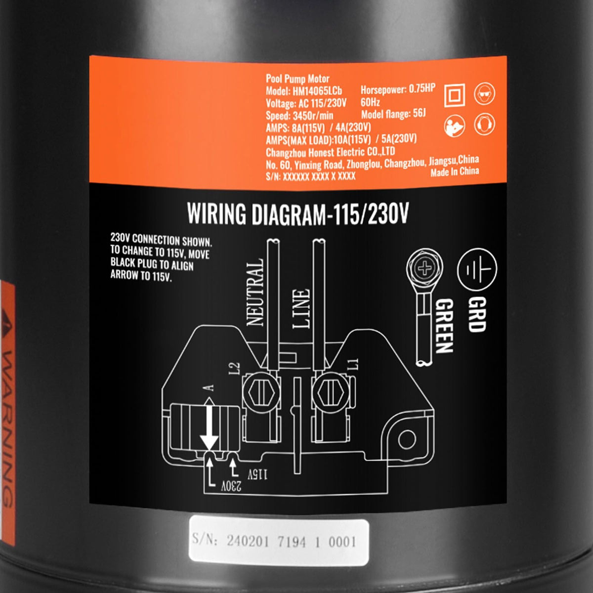 0.75 HP Pool Pump Motor, 56J Frame, 115V(8 Amps)/230V(4 Amps) 3450 RPM, 60Hz, 1.5 Service Factor, 80μF/250V Capacitor, CCW Rotation Round Flange Replacement Motor