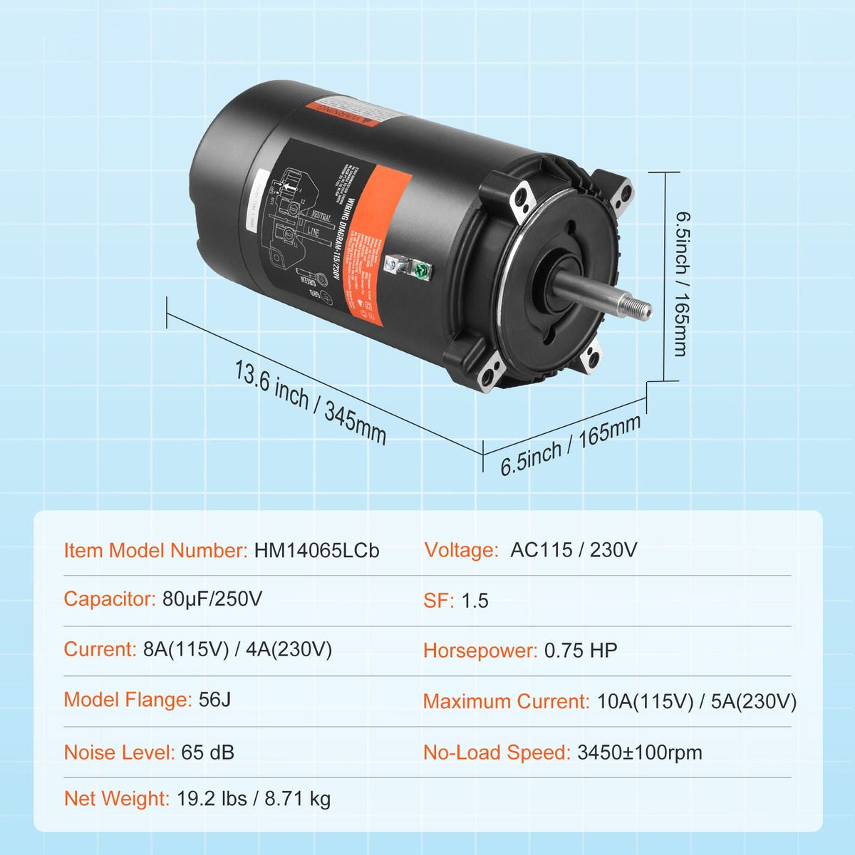 0.75 HP Pool Pump Motor, 56J Frame, 115V(8 Amps)/230V(4 Amps) 3450 RPM, 60Hz, 1.5 Service Factor, 80μF/250V Capacitor, CCW Rotation Round Flange Replacement Motor