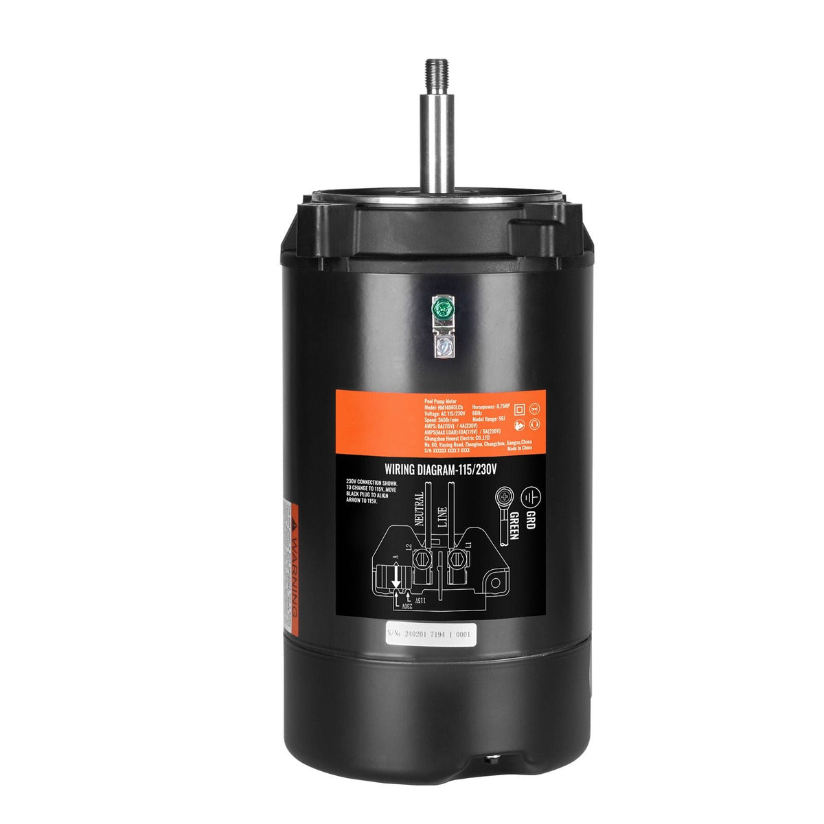 0.75 HP Pool Pump Motor, 56J Frame, 115V(8 Amps)/230V(4 Amps) 3450 RPM, 60Hz, 1.5 Service Factor, 80μF/250V Capacitor, CCW Rotation Round Flange Replacement Motor