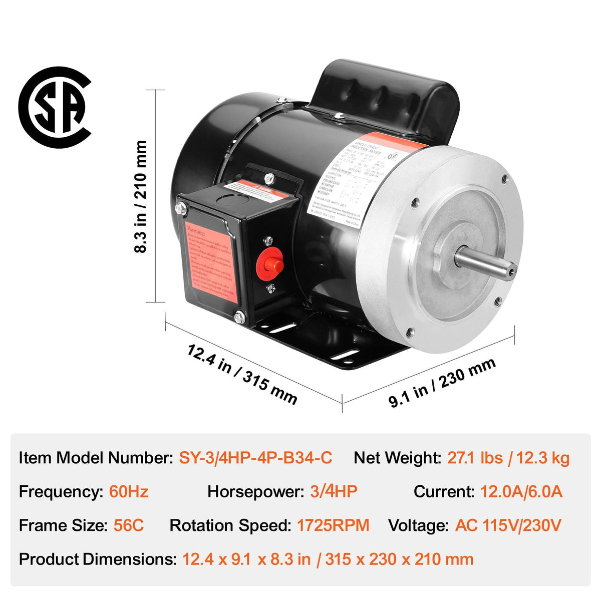 0.75HP Electric Motor 1725 rpm, AC 115V/230V, 56C Frame, Air Compressor Motor Single Phase, 5/8" Keyed Shaft, CW/CCW Rotation for Agricultural Machinery and General Equipment
