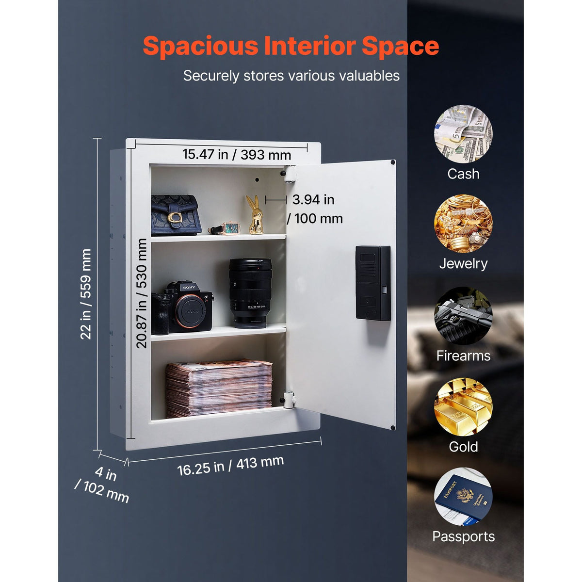 0.83 sq.ft Wall Safe, 3-Tier Hidden Wall Safe with Password, Key & Turning Knob, Q235 Cold-Rolled Steel In-Wall Box with Adjustable Shelves & Mounting Holes for Money, Jewelry, Passport, White