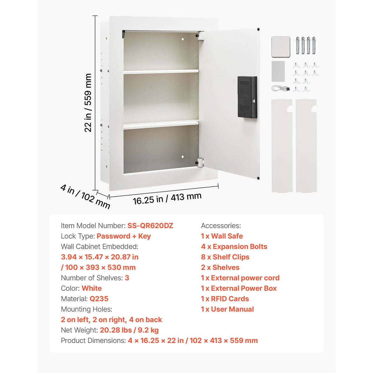 0.83 sq.ft Wall Safe, 3-Tier Hidden Wall Safe with Password, Key & Turning Knob, Q235 Cold-Rolled Steel In-Wall Box with Adjustable Shelves & Mounting Holes for Money, Jewelry, Passport, White