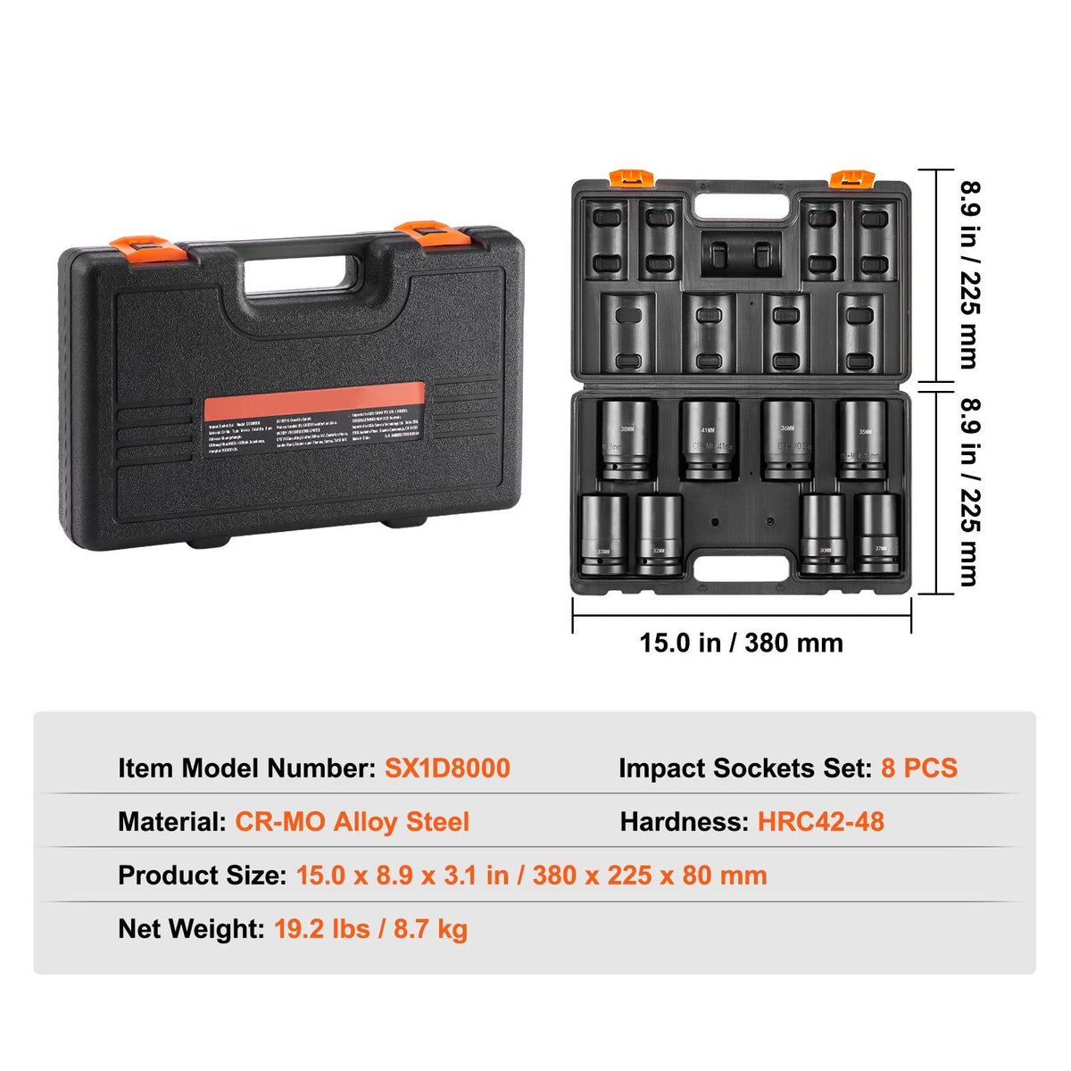 1" Drive Impact Socket Set, 8 Piece Deep Socket Set Metric 27-41mm, 6 Point Cr-Mo Alloy Steel for Auto Repair, Easy-to-Read Size Markings, Rugged Construction, Includes Storage Case