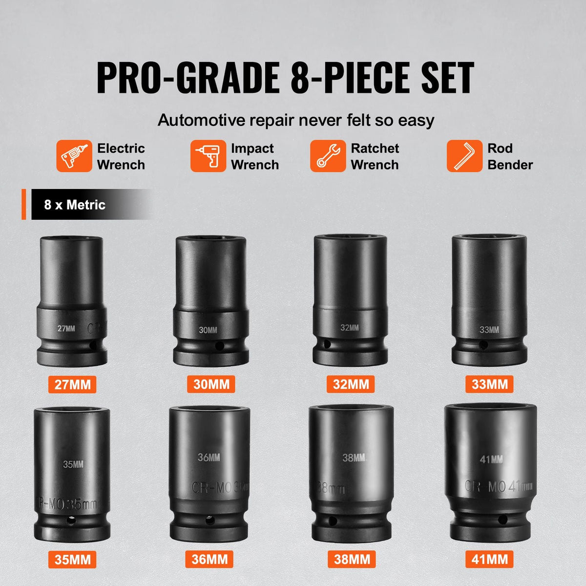1" Drive Impact Socket Set, 8 Piece Deep Socket Set Metric 27-41mm, 6 Point Cr-Mo Alloy Steel for Auto Repair, Easy-to-Read Size Markings, Rugged Construction, Includes Storage Case