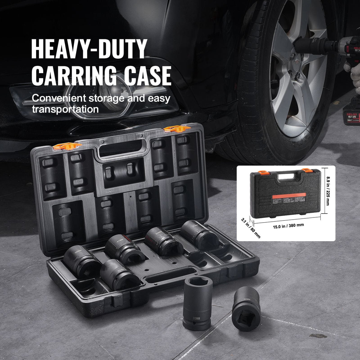 1" Drive Impact Socket Set, 8 Piece Deep Socket Set Metric 27-41mm, 6 Point Cr-Mo Alloy Steel for Auto Repair, Easy-to-Read Size Markings, Rugged Construction, Includes Storage Case