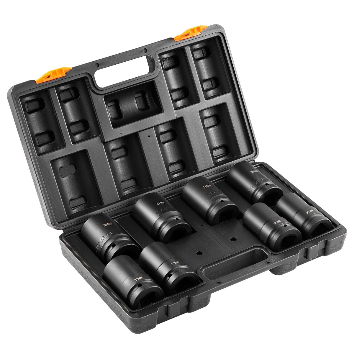 1" Drive Impact Socket Set, 8 Piece Deep Socket Set Metric 27-41mm, 6 Point Cr-Mo Alloy Steel for Auto Repair, Easy-to-Read Size Markings, Rugged Construction, Includes Storage Case