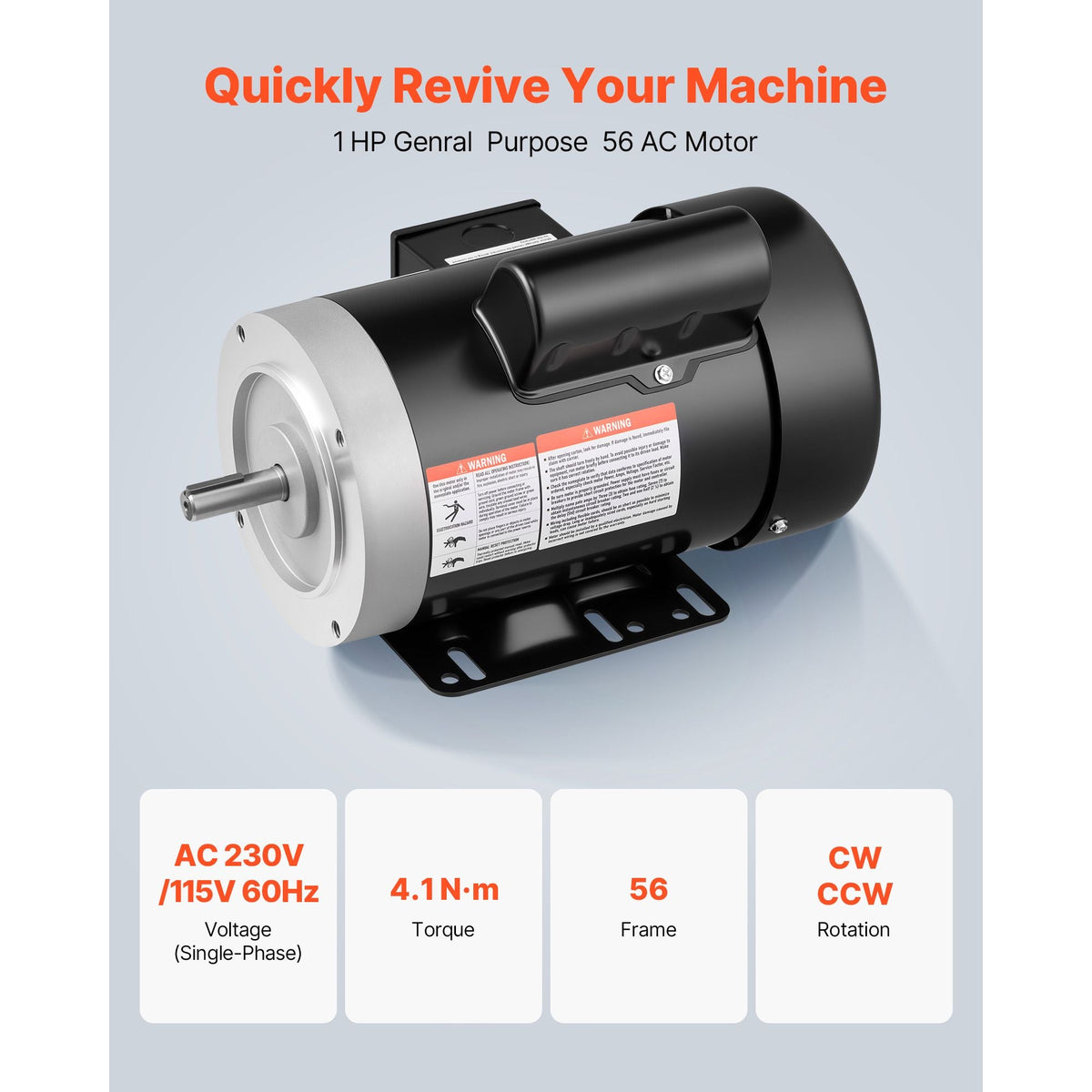 1 HP Electric Motor, 1725RPM Air Compressor Motor, CW/CCW Rotation, 5/8 inch Shaft Diameter, 1.88inch Shaft Length, 4.1N.m Torque, Single-Phase, TEFC Cooling, 115V/230V, 56 Frame