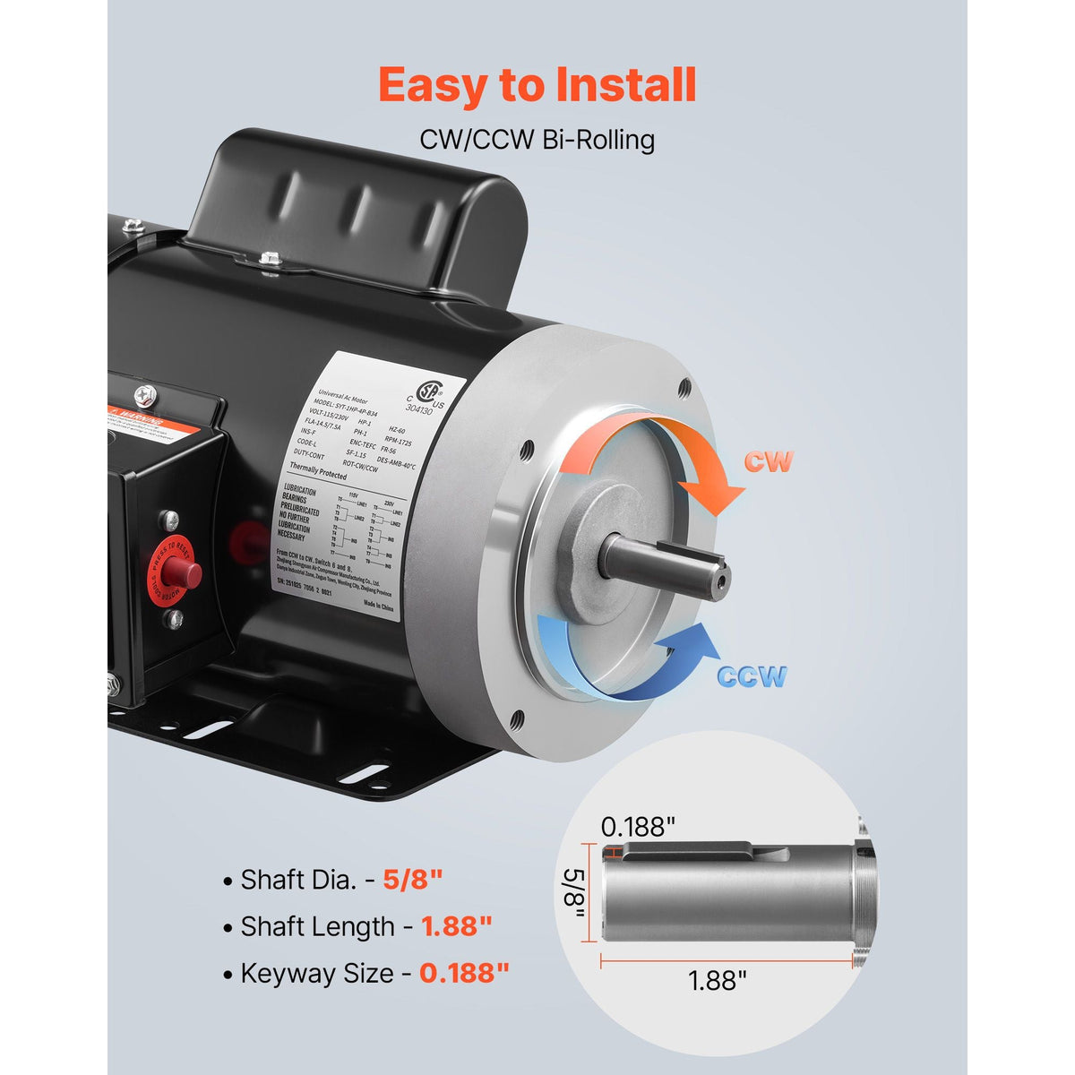 1 HP Electric Motor, 1725RPM Air Compressor Motor, CW/CCW Rotation, 5/8 inch Shaft Diameter, 1.88inch Shaft Length, 4.1N.m Torque, Single-Phase, TEFC Cooling, 115V/230V, 56 Frame