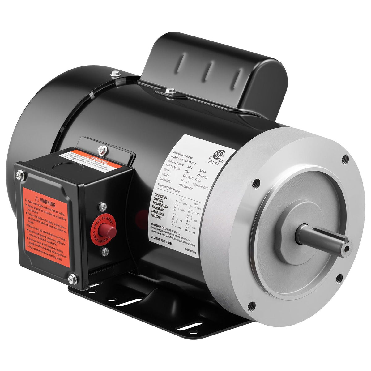1 HP Electric Motor, 1725RPM Air Compressor Motor, CW/CCW Rotation, 5/8 inch Shaft Diameter, 1.88inch Shaft Length, 4.1N.m Torque, Single-Phase, TEFC Cooling, 115V/230V, 56 Frame