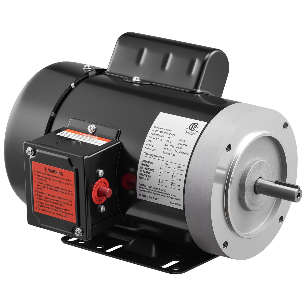 1 HP Electric Motor, 1725RPM Air Compressor Motor, CW/CCW Rotation, 5/8 inch Shaft Diameter, 1.88inch Shaft Length, 4.1N.m Torque, Single-Phase, TEFC Cooling, 115V/230V, 56 Frame