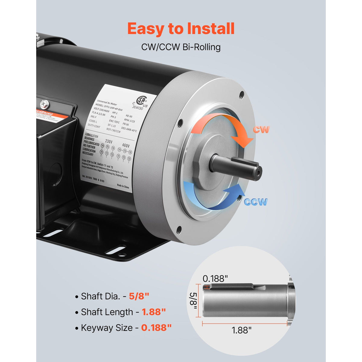 1 HP Electric Motor, 1725RPM Air Compressor Motor, CW/CCW Rotation, 5/8 inch Shaft Diameter, 1.88inch Shaft Length, 4.1N.m Torque, Three-Phase, TEFC Cooling, 230V/460V, 56C Frame