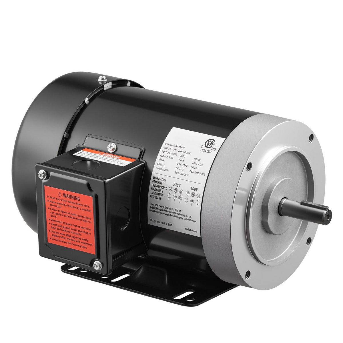 1 HP Electric Motor, 1725RPM Air Compressor Motor, CW/CCW Rotation, 5/8 inch Shaft Diameter, 1.88inch Shaft Length, 4.1N.m Torque, Three-Phase, TEFC Cooling, 230V/460V, 56C Frame
