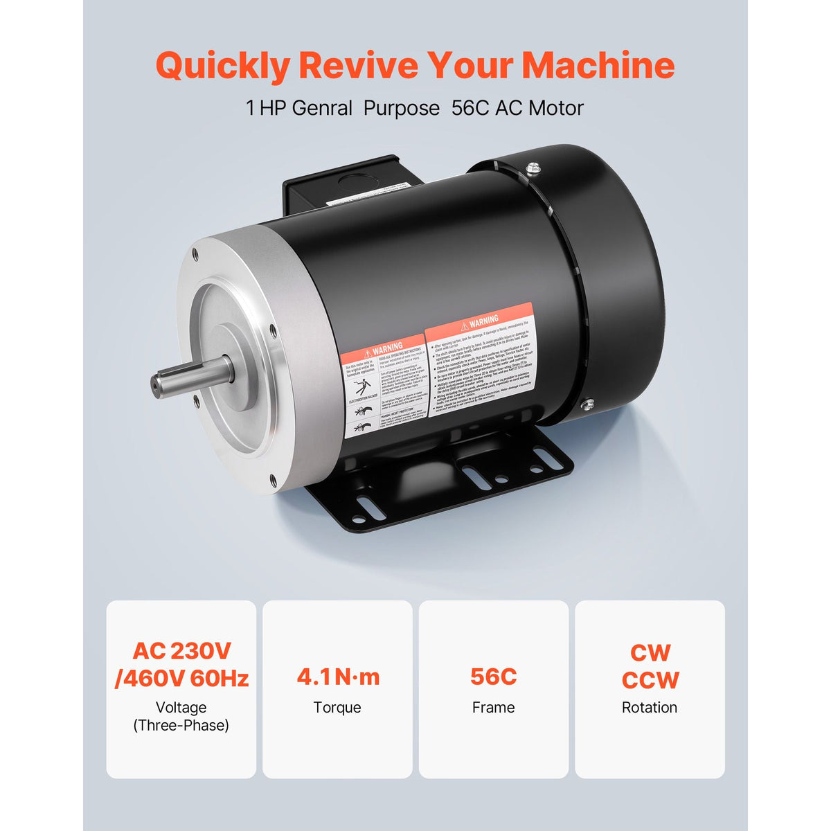 1 HP Electric Motor, 1725RPM Air Compressor Motor, CW/CCW Rotation, 5/8 inch Shaft Diameter, 1.88inch Shaft Length, 4.1N.m Torque, Three-Phase, TEFC Cooling, 230V/460V, 56C Frame