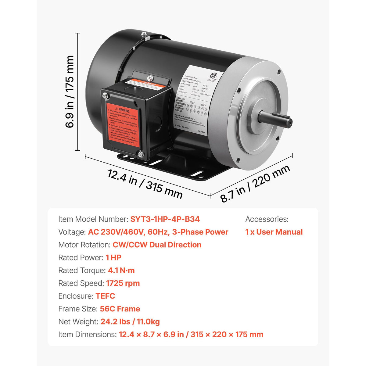 1 HP Electric Motor, 1725RPM Air Compressor Motor, CW/CCW Rotation, 5/8 inch Shaft Diameter, 1.88inch Shaft Length, 4.1N.m Torque, Three-Phase, TEFC Cooling, 230V/460V, 56C Frame