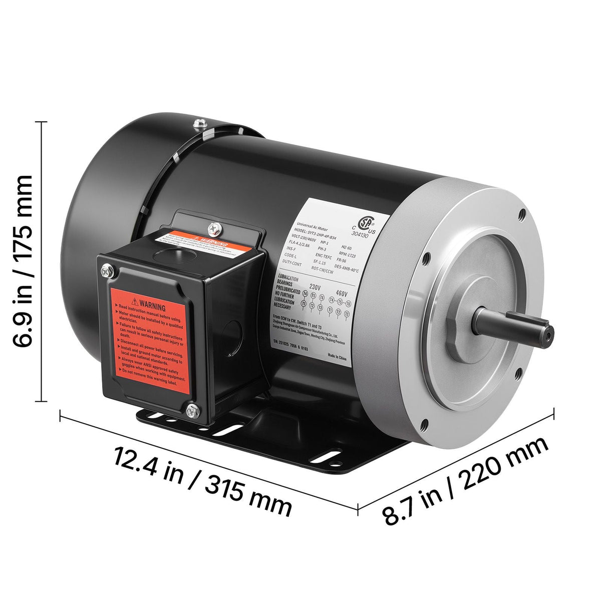 1 HP Electric Motor, 1725RPM Air Compressor Motor, CW/CCW Rotation, 5/8 inch Shaft Diameter, 1.88inch Shaft Length, 4.1N.m Torque, Three-Phase, TEFC Cooling, 230V/460V, 56C Frame