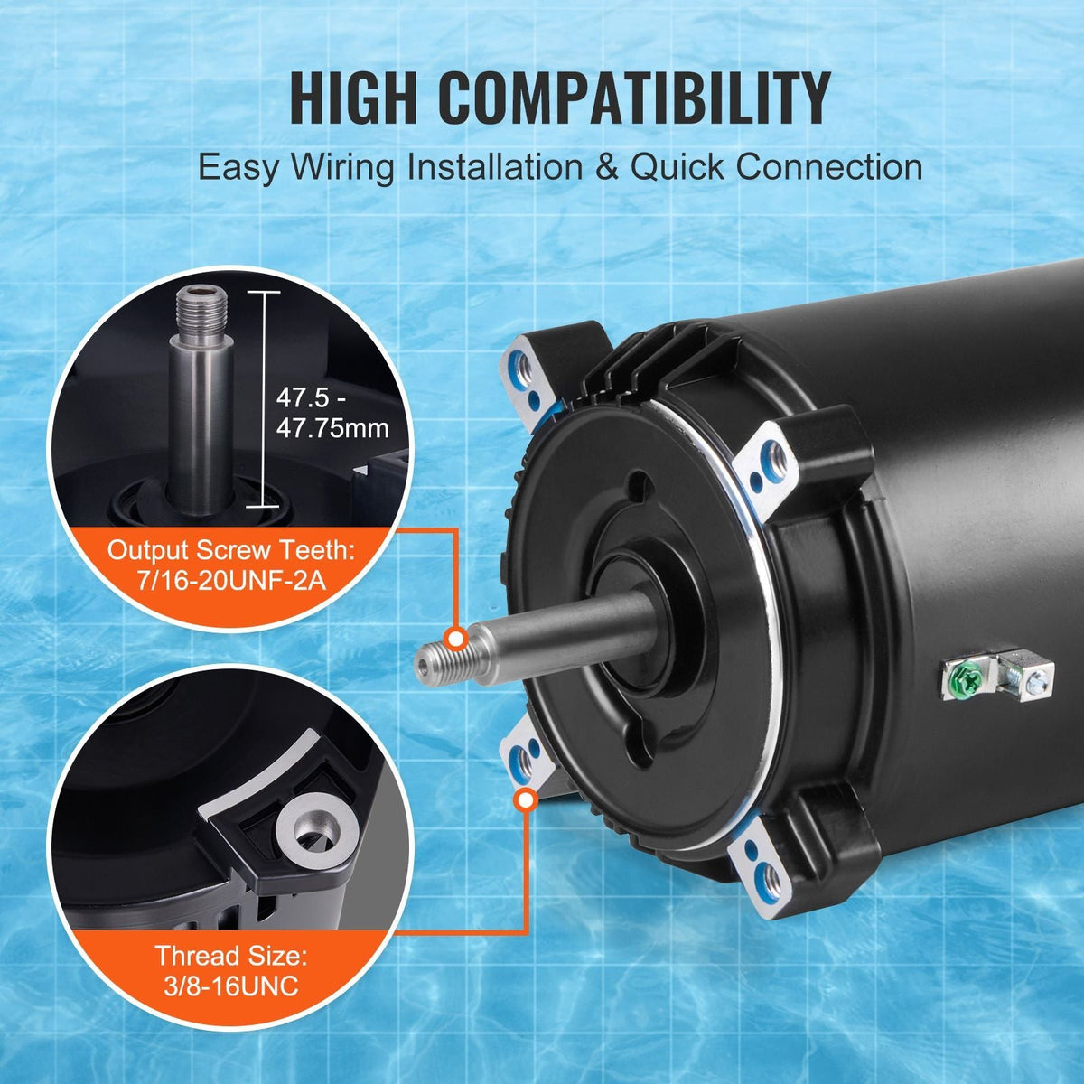 1 HP Pool Pump Motor, 56J Frame, 115V(9.8 Amps)/230V(4.9 Amps) 3450 RPM, 60Hz, 1.4 Service Factor, 90μF/250V Capacitor, CCW Rotation Round Flange Replacement Motor