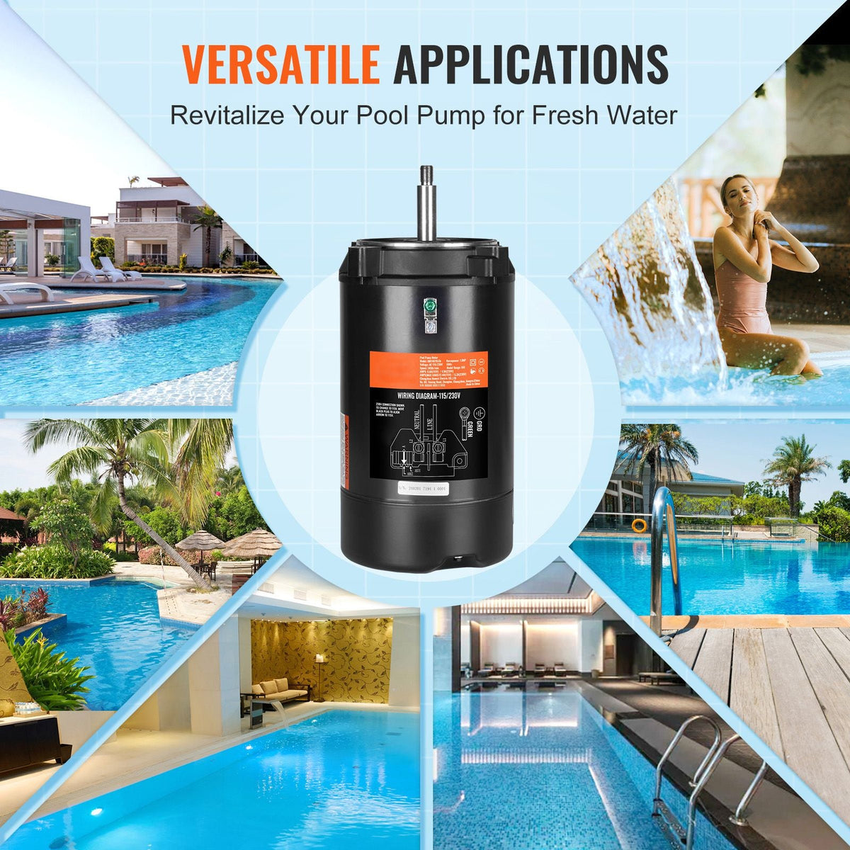 1 HP Pool Pump Motor, 56J Frame, 115V(9.8 Amps)/230V(4.9 Amps) 3450 RPM, 60Hz, 1.4 Service Factor, 90μF/250V Capacitor, CCW Rotation Round Flange Replacement Motor