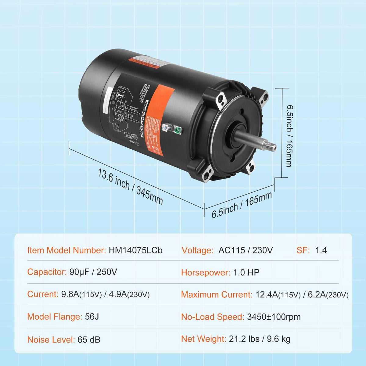 1 HP Pool Pump Motor, 56J Frame, 115V(9.8 Amps)/230V(4.9 Amps) 3450 RPM, 60Hz, 1.4 Service Factor, 90μF/250V Capacitor, CCW Rotation Round Flange Replacement Motor