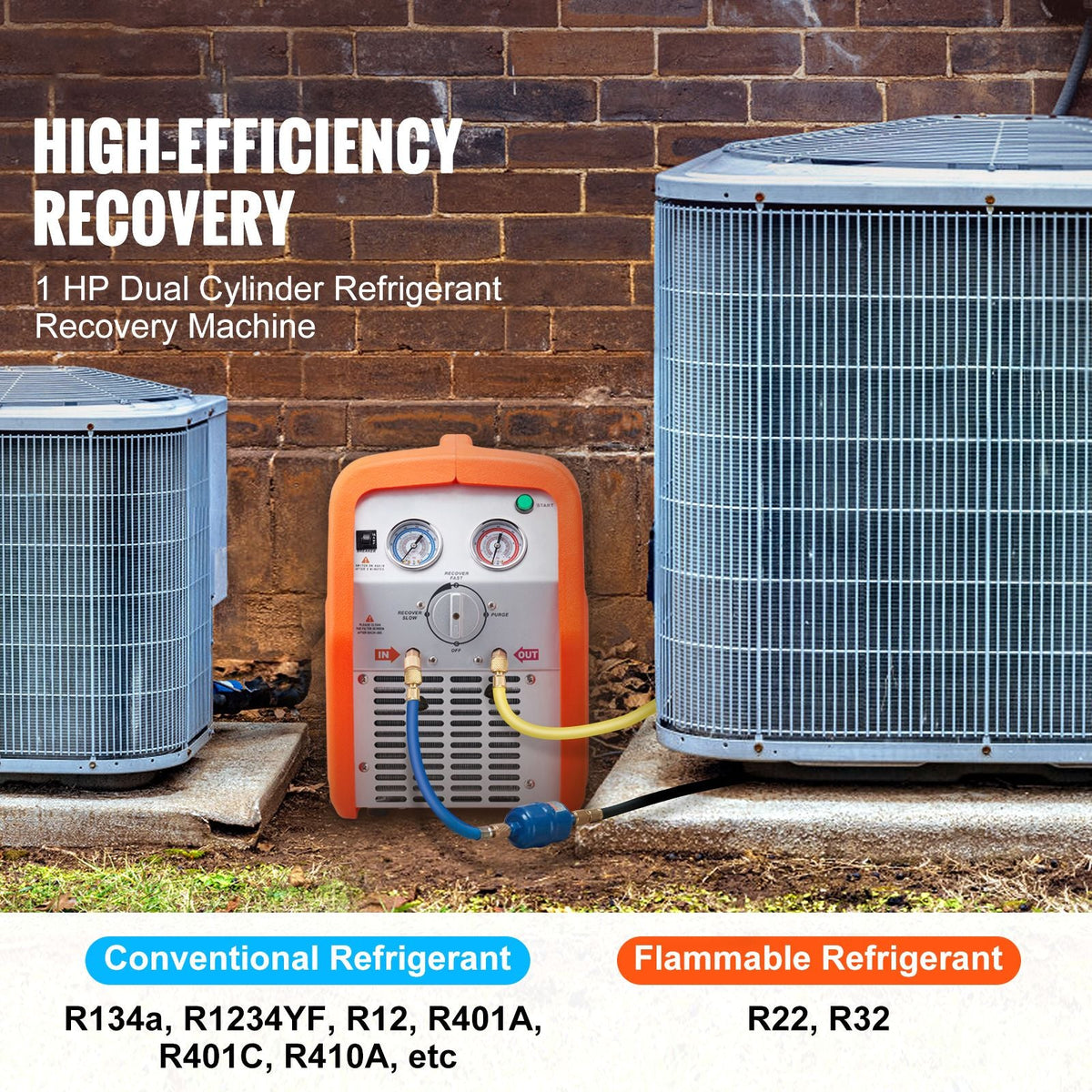 1 HP Refrigerant Recovery Machine - Dual Cylinder Portable AC Recovery Machine with High Pressure Protection 120V 60Hz Recovery Machine HVAC for Vapor Liquid Refrigerant, Car Air Conditioning