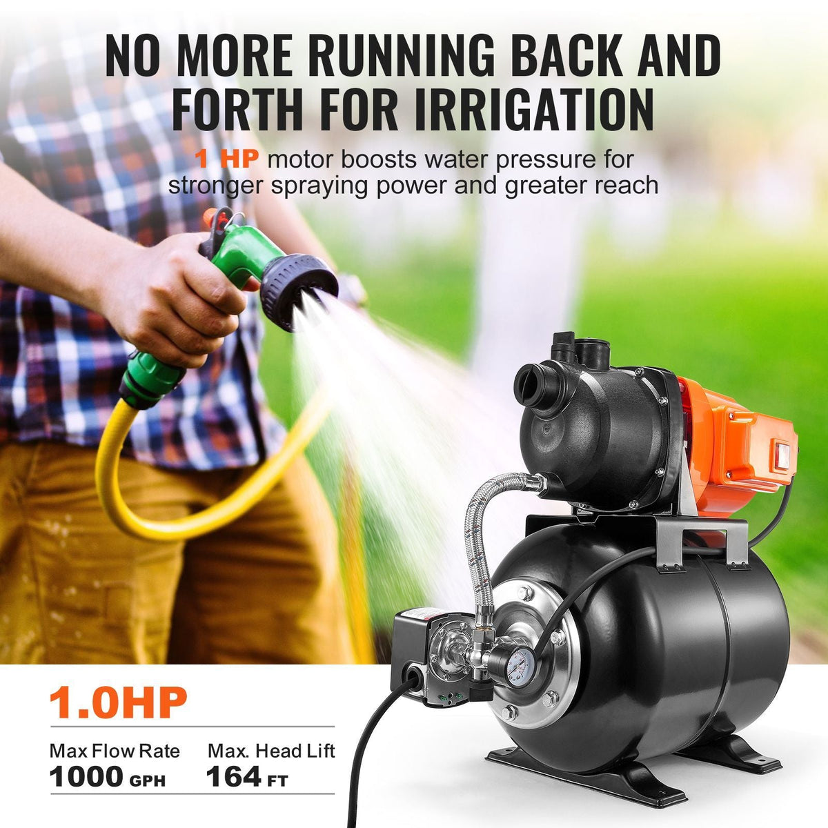 1 HP Shallow Well Pump with Pressure Tank, 1000 GPH/3700 L/H, Automatic Irrigation Water Booster Pump with 164 ft Lift 20/40 PSI Pressure Switch, Thermoplastic Pump Head for Home Garden Lawn