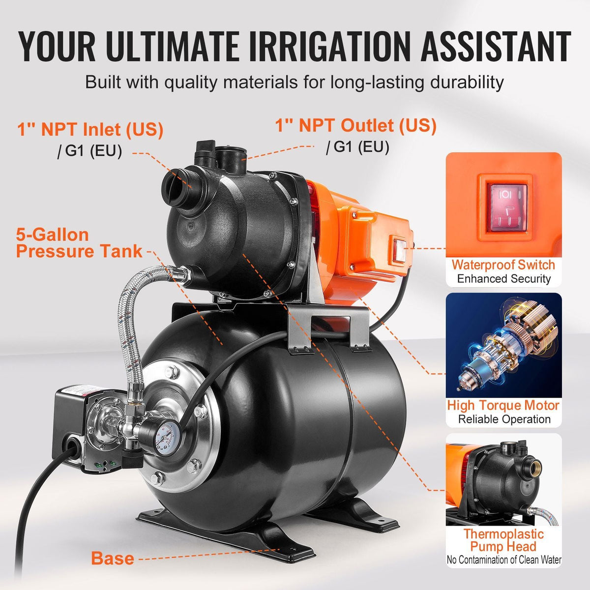 1 HP Shallow Well Pump with Pressure Tank, 1000 GPH/3700 L/H, Automatic Irrigation Water Booster Pump with 164 ft Lift 20/40 PSI Pressure Switch, Thermoplastic Pump Head for Home Garden Lawn