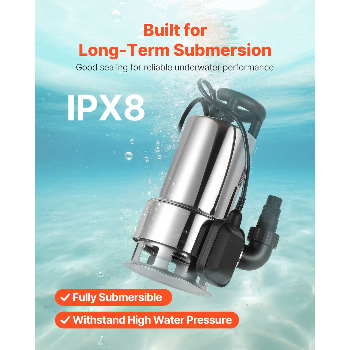 1 HP Submersible Sump Pump, 5500 GPH, Stainless Steel Submersible Sewage Dirty Clean Water Pump with Automatic Float Switch, Long Cord, 30 ft Max Lift, for Pools, Garden, Pond, Flooded Areas