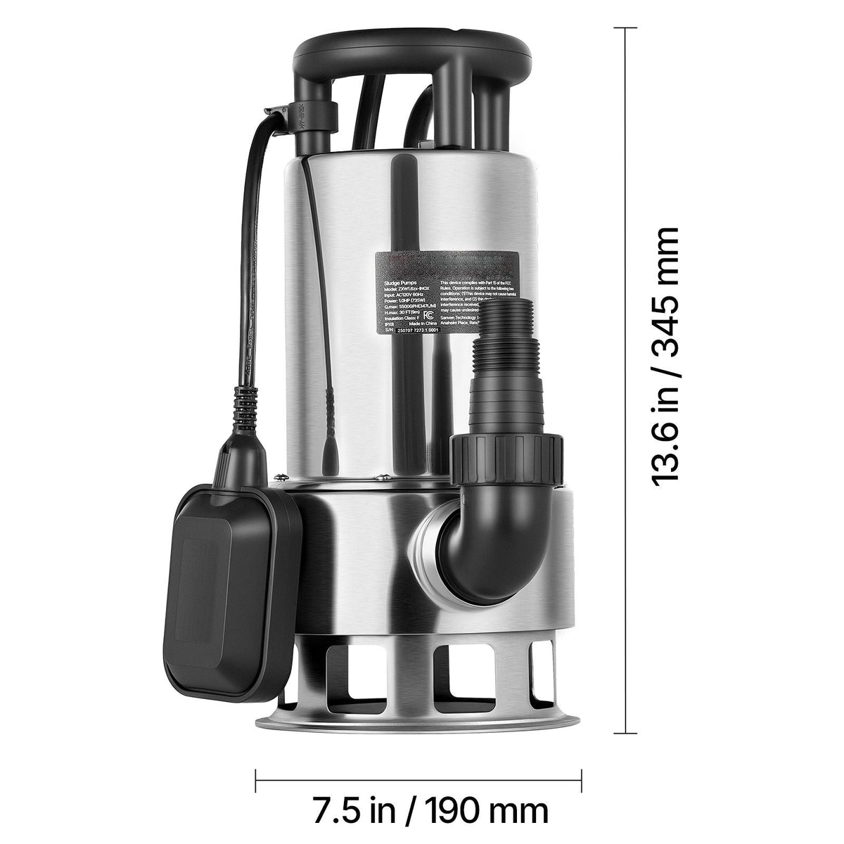 1 HP Submersible Sump Pump, 5500 GPH, Stainless Steel Submersible Sewage Dirty Clean Water Pump with Automatic Float Switch, Long Cord, 30 ft Max Lift, for Pools, Garden, Pond, Flooded Areas