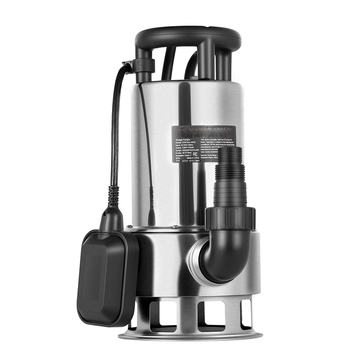 1 HP Submersible Sump Pump, 5500 GPH, Stainless Steel Submersible Sewage Dirty Clean Water Pump with Automatic Float Switch, Long Cord, 30 ft Max Lift, for Pools, Garden, Pond, Flooded Areas