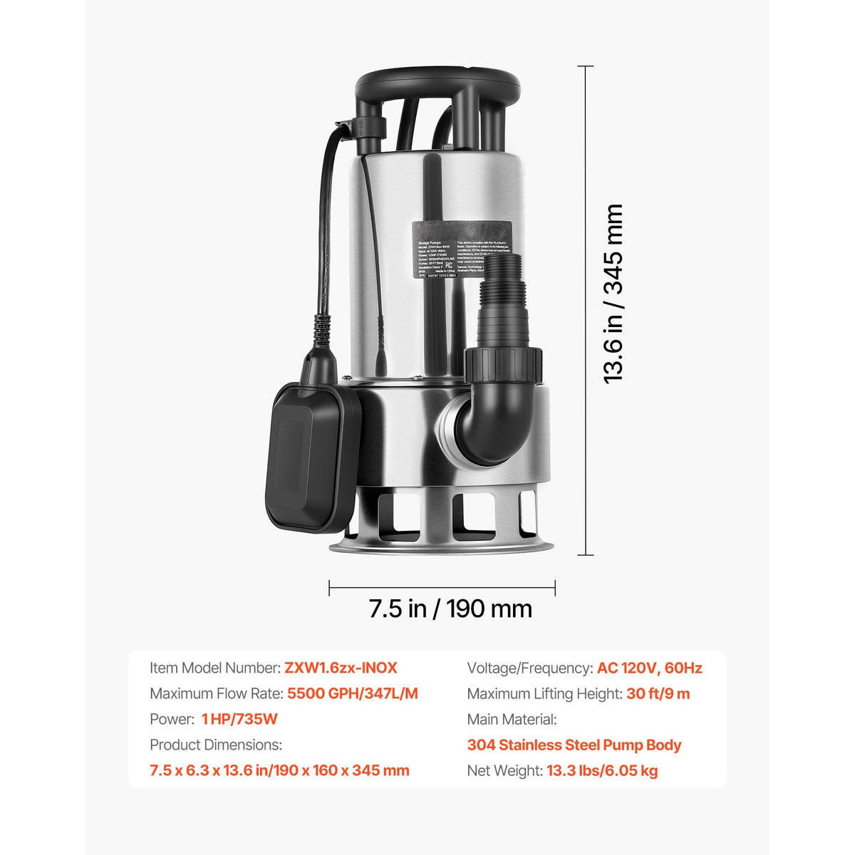 1 HP Submersible Sump Pump, 5500 GPH, Stainless Steel Submersible Sewage Dirty Clean Water Pump with Automatic Float Switch, Long Cord, 30 ft Max Lift, for Pools, Garden, Pond, Flooded Areas