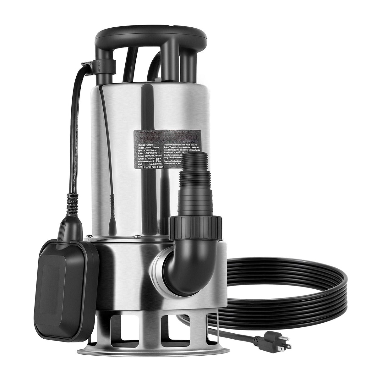 1 HP Submersible Sump Pump, 5500 GPH, Stainless Steel Submersible Sewage Dirty Clean Water Pump with Automatic Float Switch, Long Cord, 30 ft Max Lift, for Pools, Garden, Pond, Flooded Areas