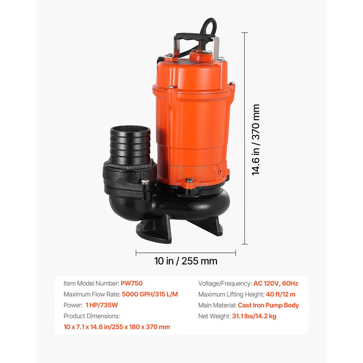 1 HP Submersible Trash Pump, 5000 GPH, 120V Cast Iron Submersible Sump Sewage Pump with 3 in Discharge, 40 ft Max Lift, Drain Dirty Clean Water, for Pools, Garden, Pond, Basement, Flooded Areas