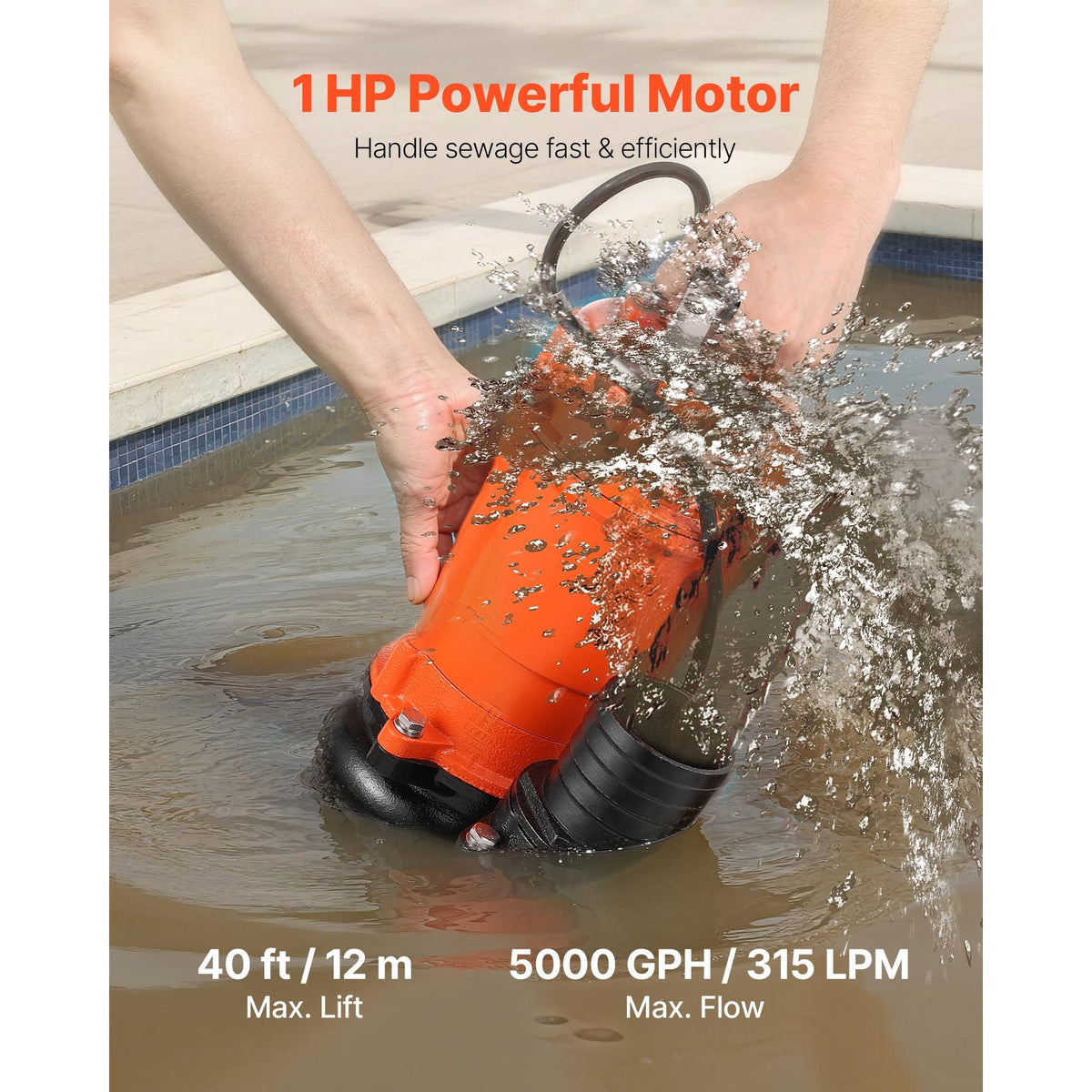 1 HP Submersible Trash Pump, 5000 GPH, 120V Cast Iron Submersible Sump Sewage Pump with 3 in Discharge, 40 ft Max Lift, Drain Dirty Clean Water, for Pools, Garden, Pond, Basement, Flooded Areas