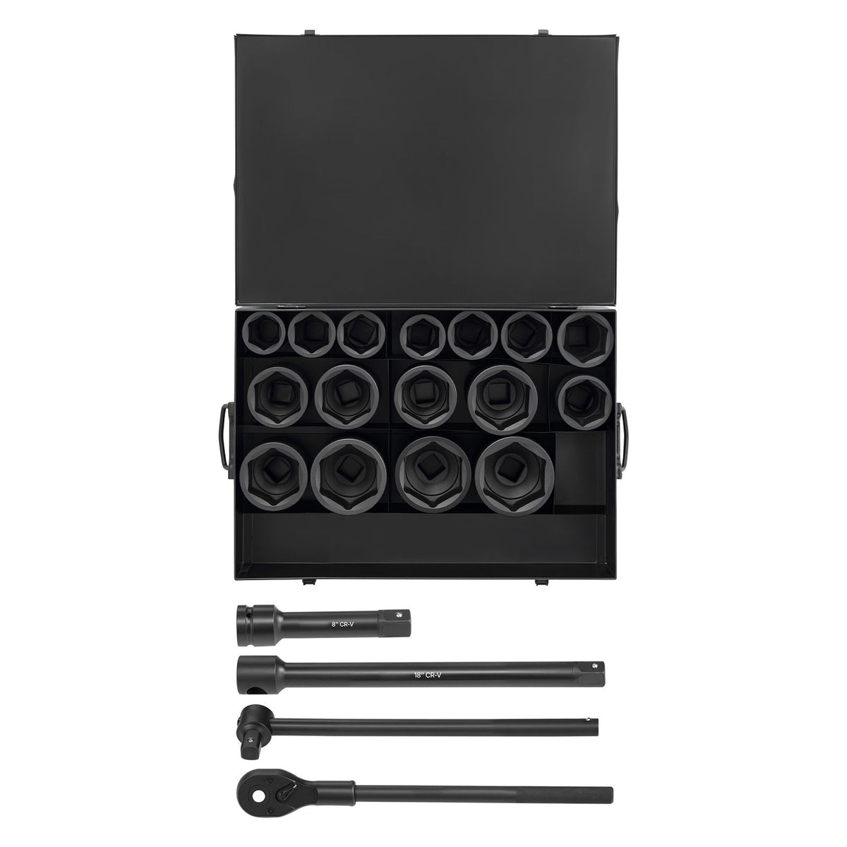 1 in Drive Impact Socket Set, 21 Piece, 6 Point Shallow Impact Sockets, SAE (1-5/8 in to 3-1/8 in), with 8 in & 18 in Extension Bars, 24 in Ratchet, Cr-V Steel, Size Marking, and Carrying Case