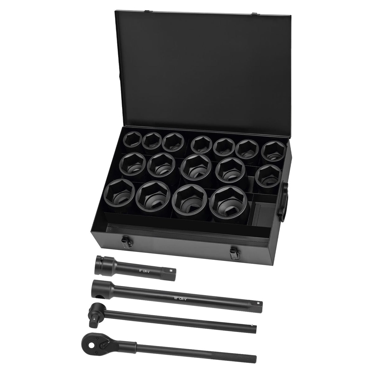 1 in Drive Impact Socket Set, 21 Piece, 6 Point Shallow Impact Sockets, SAE (1-5/8 in to 3-1/8 in), with 8 in & 18 in Extension Bars, 24 in Ratchet, Cr-V Steel, Size Marking, and Carrying Case