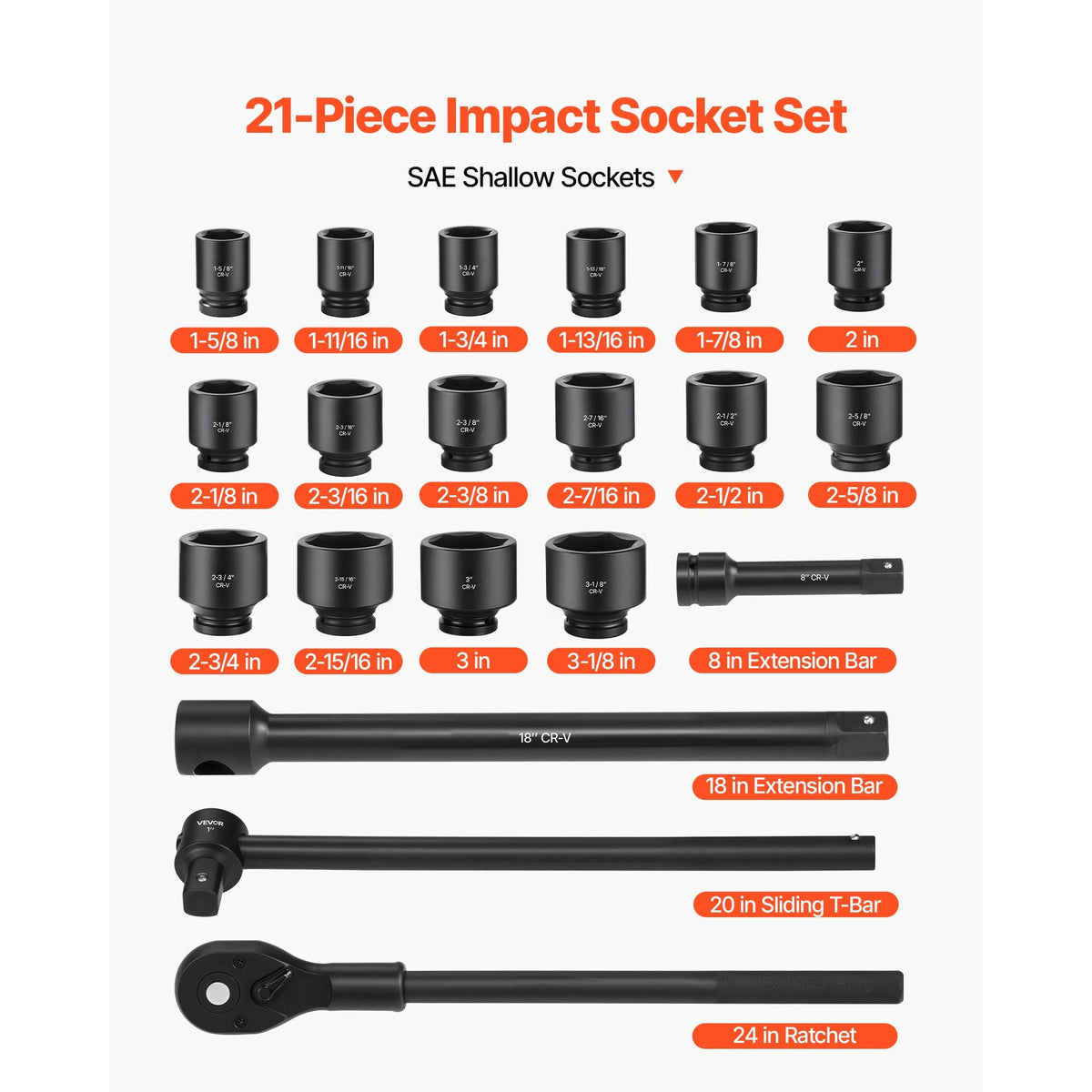 1 in Drive Impact Socket Set, 21 Piece, 6 Point Shallow Impact Sockets, SAE (1-5/8 in to 3-1/8 in), with 8 in & 18 in Extension Bars, 24 in Ratchet, Cr-V Steel, Size Marking, and Carrying Case