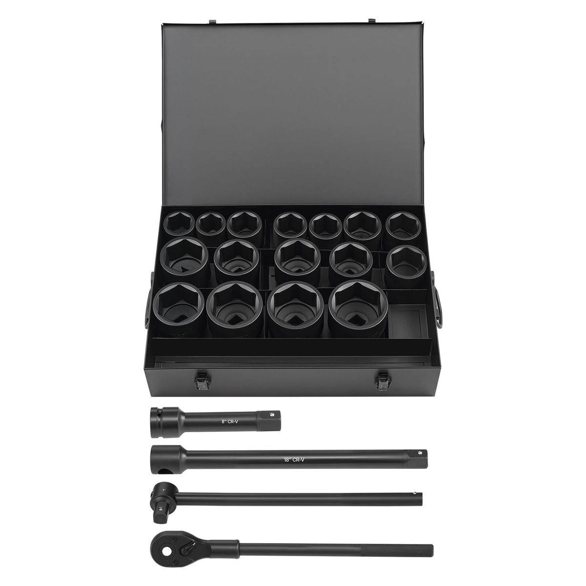 1 in Drive Impact Socket Set, 21 Piece, 6 Point Shallow Impact Sockets, SAE (1-5/8 in to 3-1/8 in), with 8 in & 18 in Extension Bars, 24 in Ratchet, Cr-V Steel, Size Marking, and Carrying Case