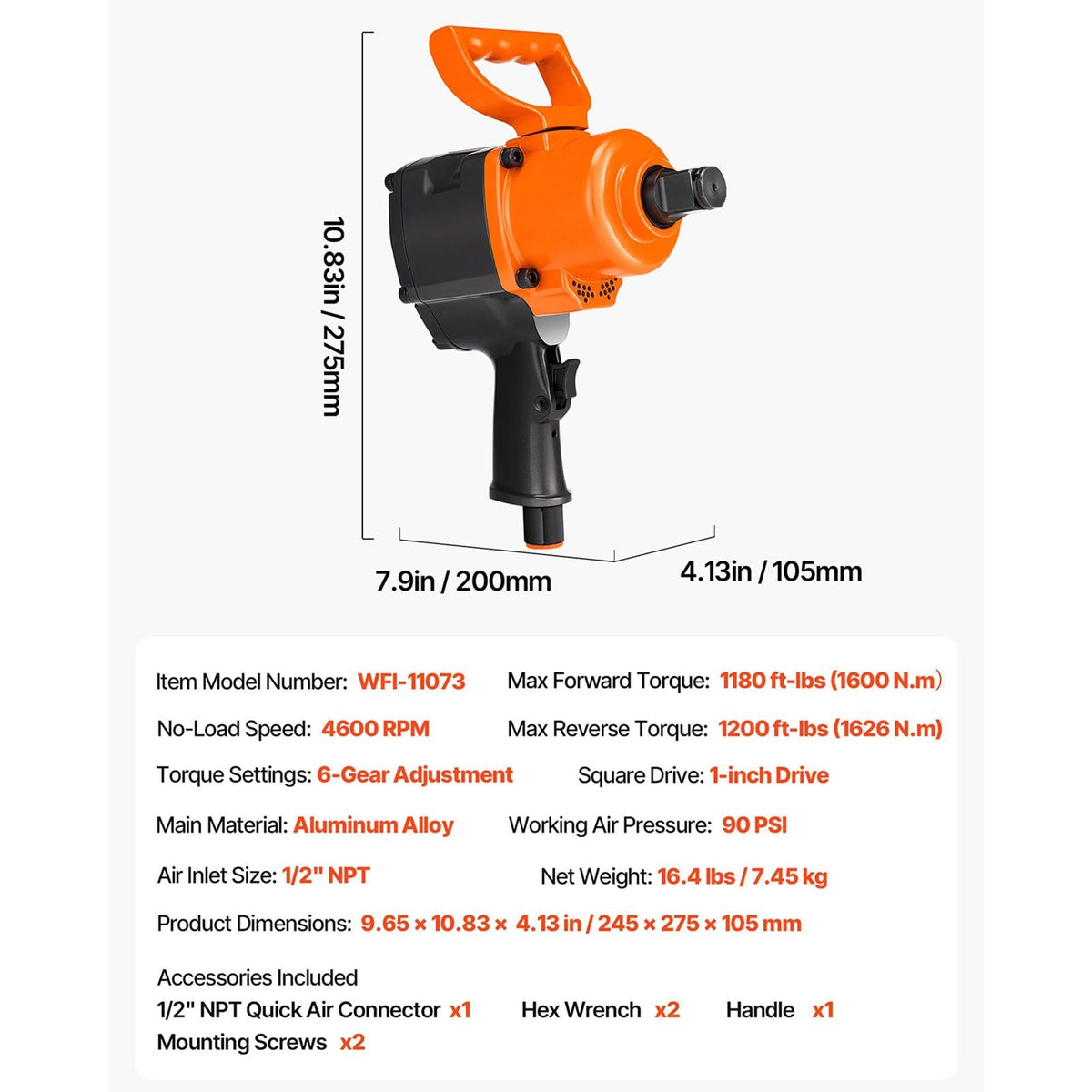1 Inch Air Impact Wrench, Up to 1200 ft-lbs Nut-Busting Torque, 16.4 lbs Lightweight Pneumatic Impact Gun with Double Handles for Heavy Duty Repairs and Maintenance